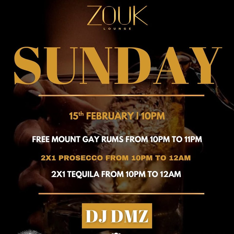 Event poster for Zouk Lounge Sunday Night (DJ DMZ)