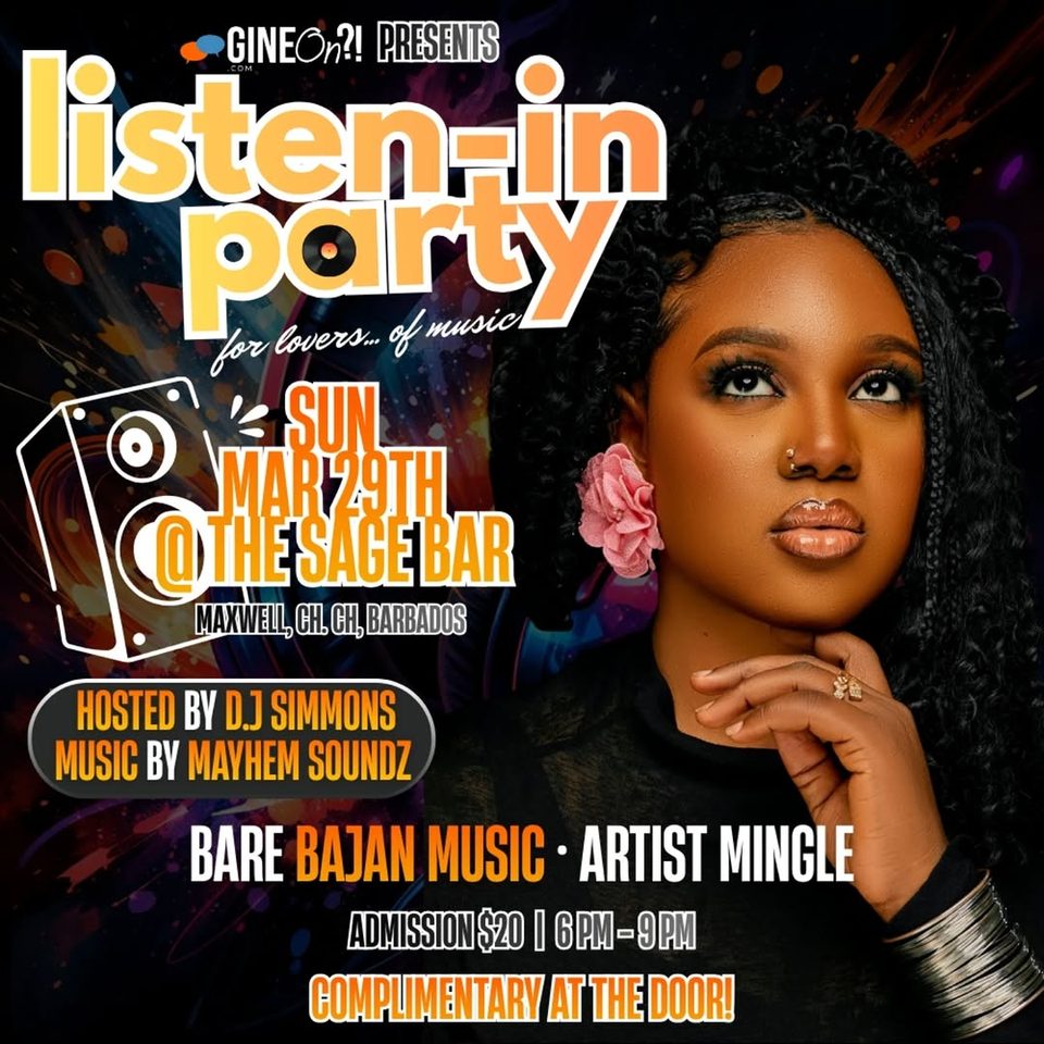 Event poster for Listen-In Party (100% Bajan Music)