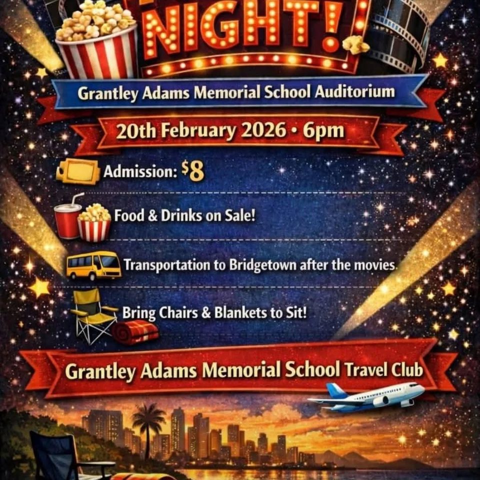 Event poster for Movie Night at Grantley Adams Memorial School Auditorium (GAMS Travel Club Fundraiser)