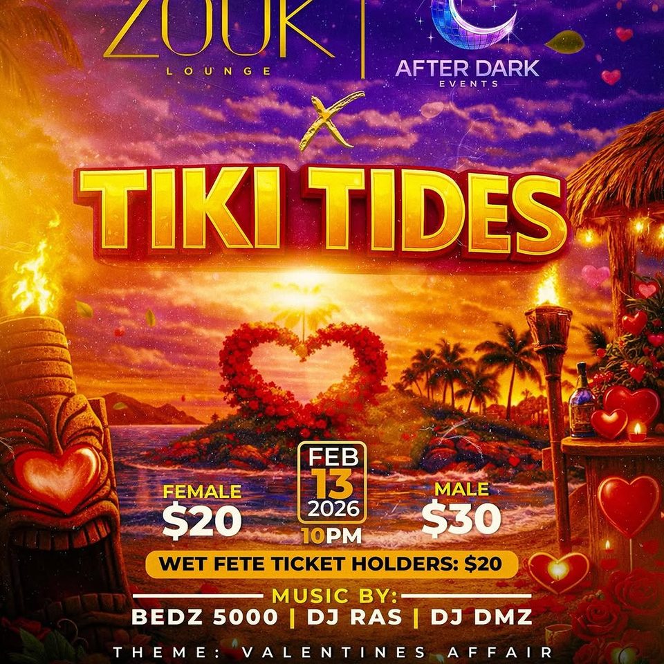 Event poster for Tiki Tides (Valentine’s Affair)