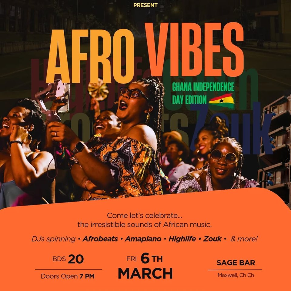 Event poster for Afro Vibes: Ghana Independence Day Edition