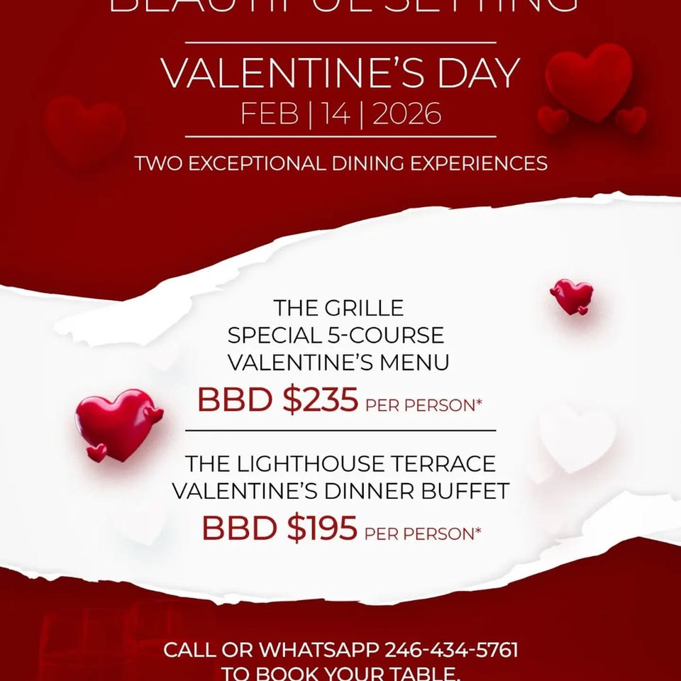 Event poster for Valentine’s Day Dining Experiences (The Grille 5-Course Menu & The Lighthouse Terrace Dinner Buffet)